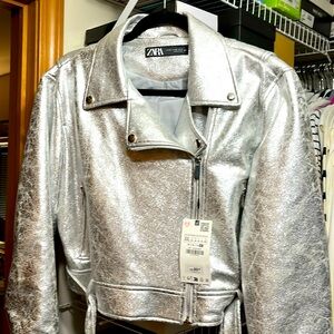 NWT Zara Faux Leather Metallic Moto Jacket